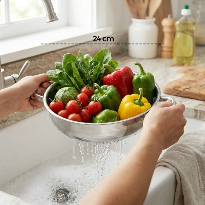Hubrendy Tedarik 24 cm Kulplu Basık Metal Süzgeç