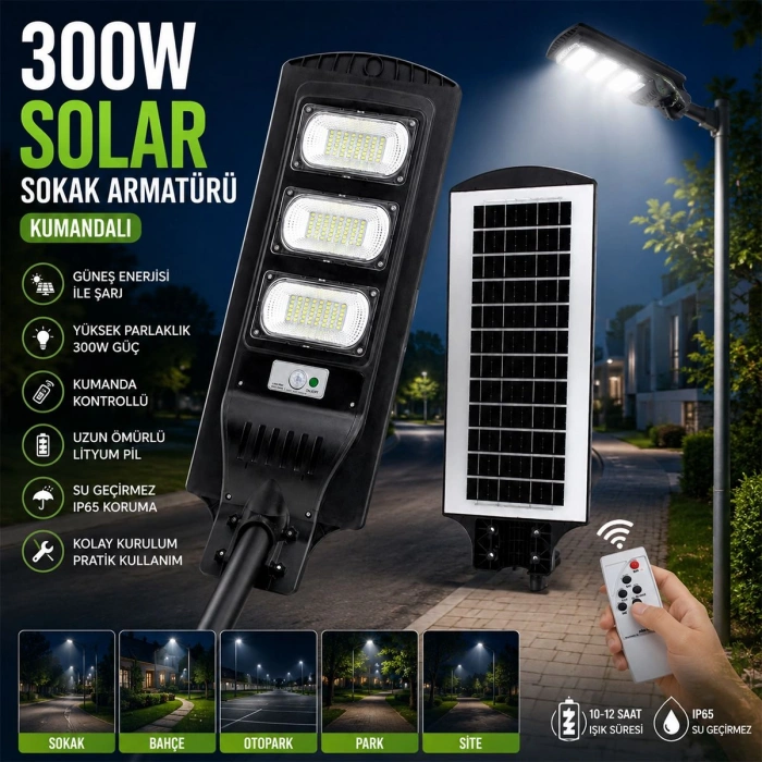 Hubrendy Tedarik 300W 6500K Solar Sokak Lambası Sensörlü