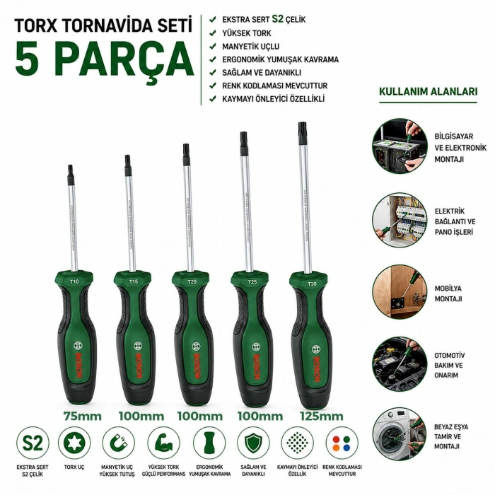 Hubrendy Tedarik 5 Parça Torx Tornavida Seti (TX10-TX30, 75-125 mm)