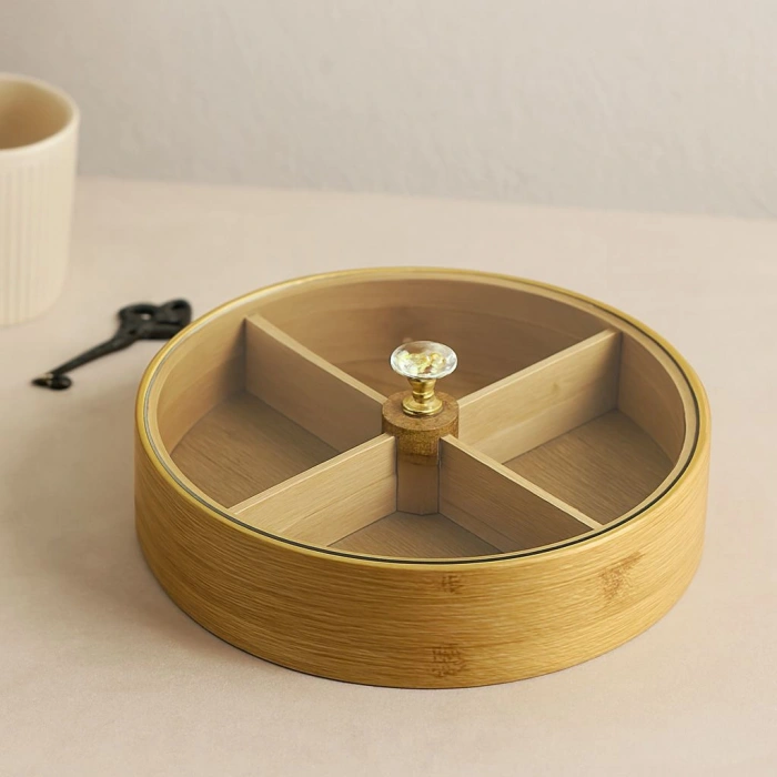 Hubrendy Tedarik Bambu 4 Bölmeli Kapaklı Servis Sunum Kutusu 22 cm