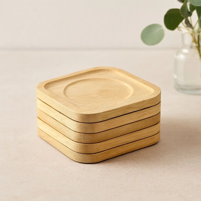 Hubrendy Tedarik Bambu Ahşap Kare Çay Tabağı 9.7x9.7 cm - 6lı Set