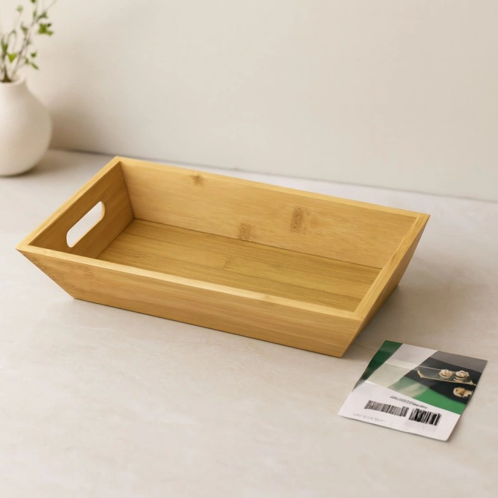 Hubrendy Tedarik Bambu Dikdörtgen Sunum Tepsisi 16x30x4.5 cm (Çift Kulplu)
