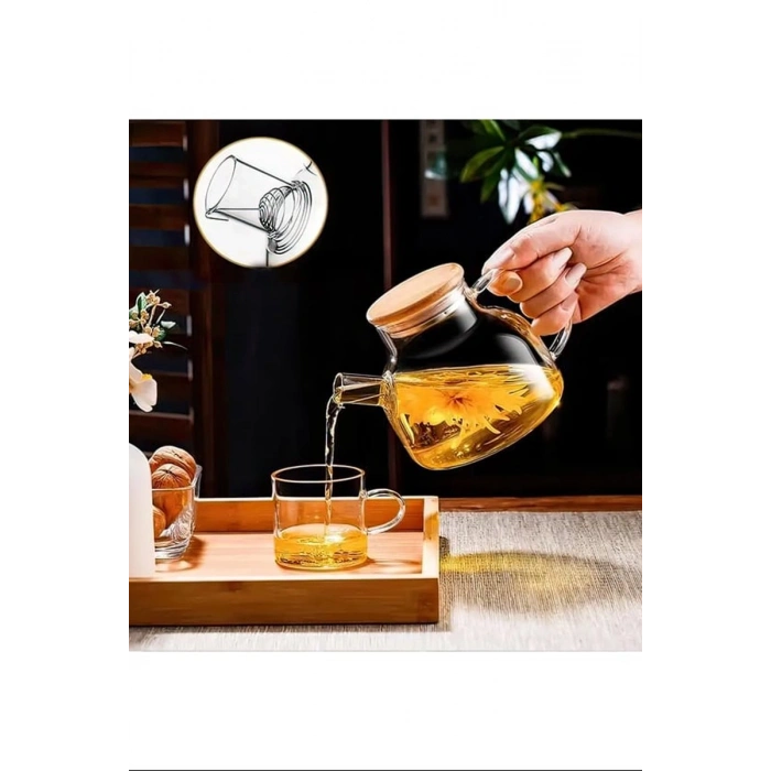 Hubrendy Tedarik Bambu Kapaklı Borosilikat Cam Demlik 1000ml Royaleks-CM-2000