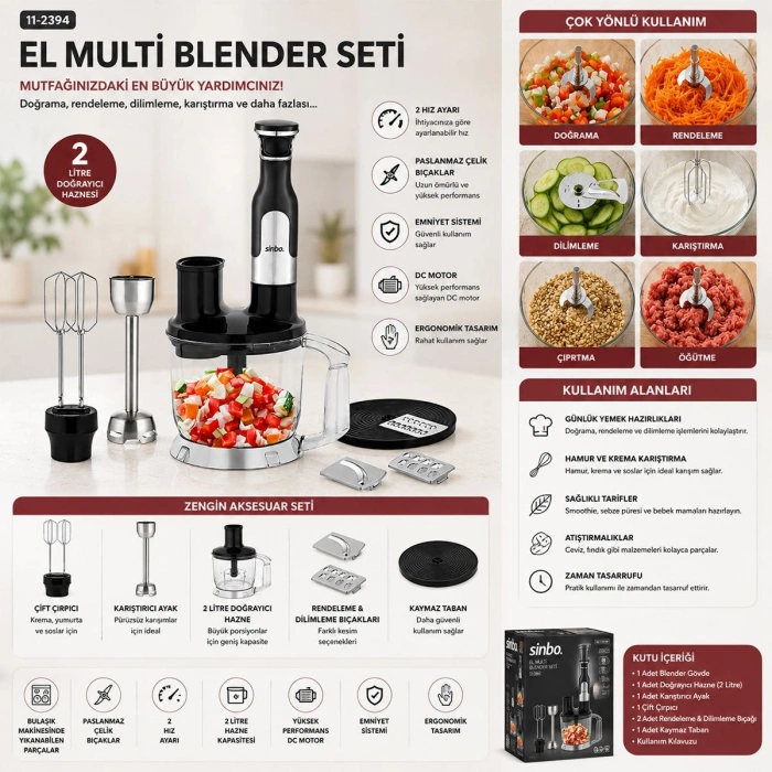 Hubrendy Tedarik El Multi Blender Seti - 2 Hız, Paslanmaz Çelik Bıçak, 2 L Hazneli