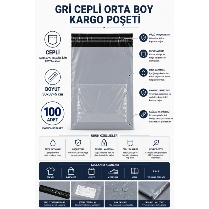 Hubrendy Tedarik Gri Cepli Orta Boy Kargo Poşeti 30x37+5 Cm 100 Adet