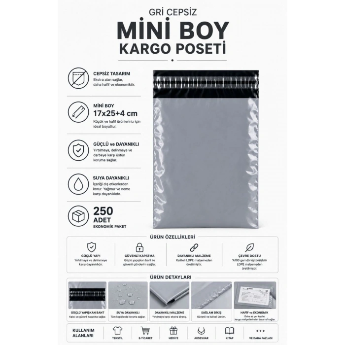 Hubrendy Tedarik Gri Cepsiz Mini Boy Kargo Poşeti 17x25+4 Cm 250 Adet