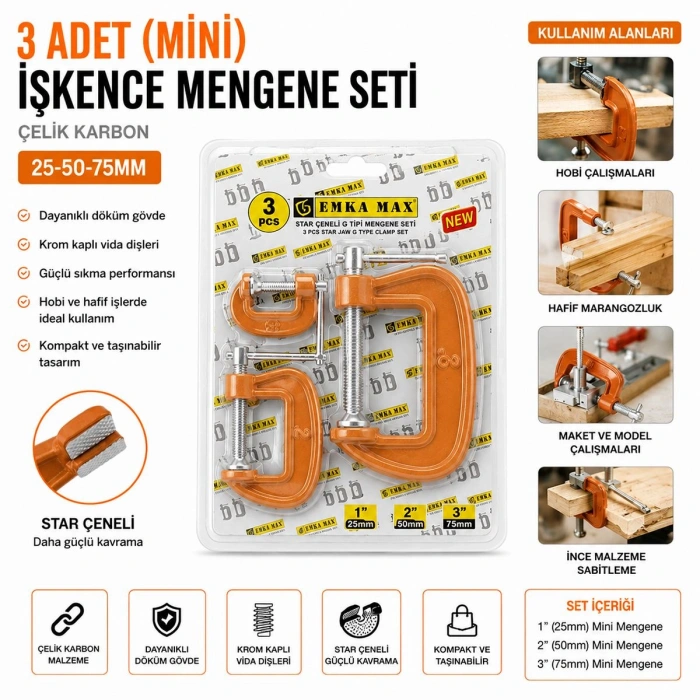 Hubrendy Tedarik Mini Mengene Seti 3lü (25-50-75 mm) Karbon Çelik