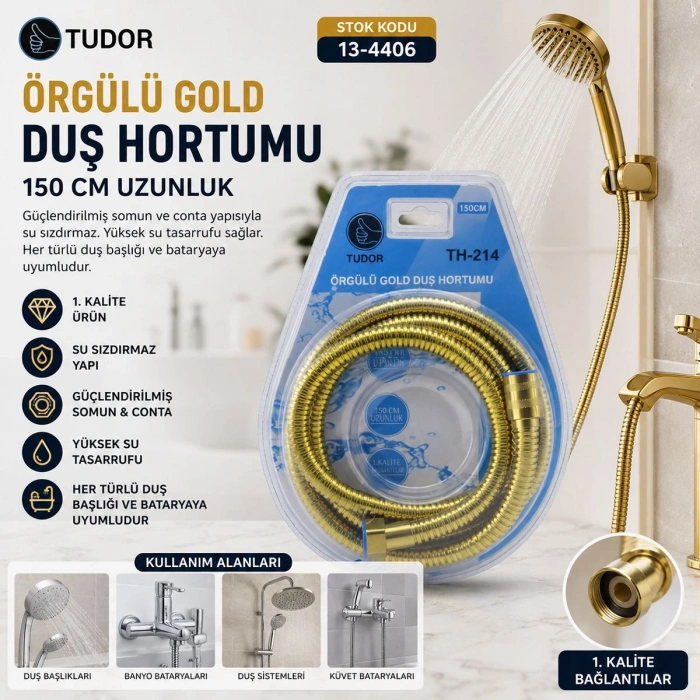 Hubrendy Tedarik Örgülü Duş Hortumu 150 cm Gold