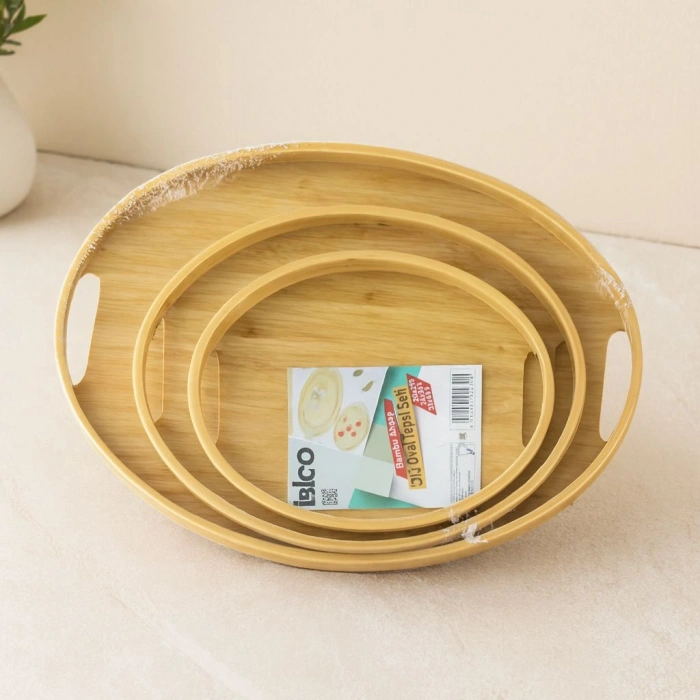 Hubrendy Tedarik Oval Bambu Ahşap Tepsi Seti 3lü (20x29, 26x36, 31x45 cm)