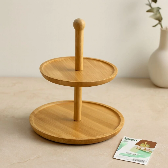 Hubrendy Tedarik Yuvarlak 2 Katlı Ahşap Bambu Servis Sunumluğu 20/25 cm