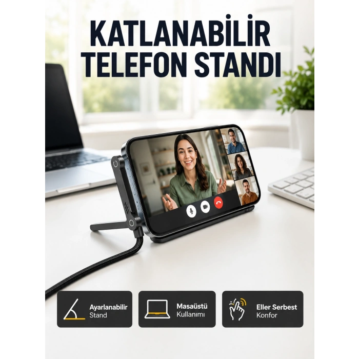 Hubrendy Tekno 240W Type-C to Type-C Telefon Stand Özellikli Şarj Kablosu