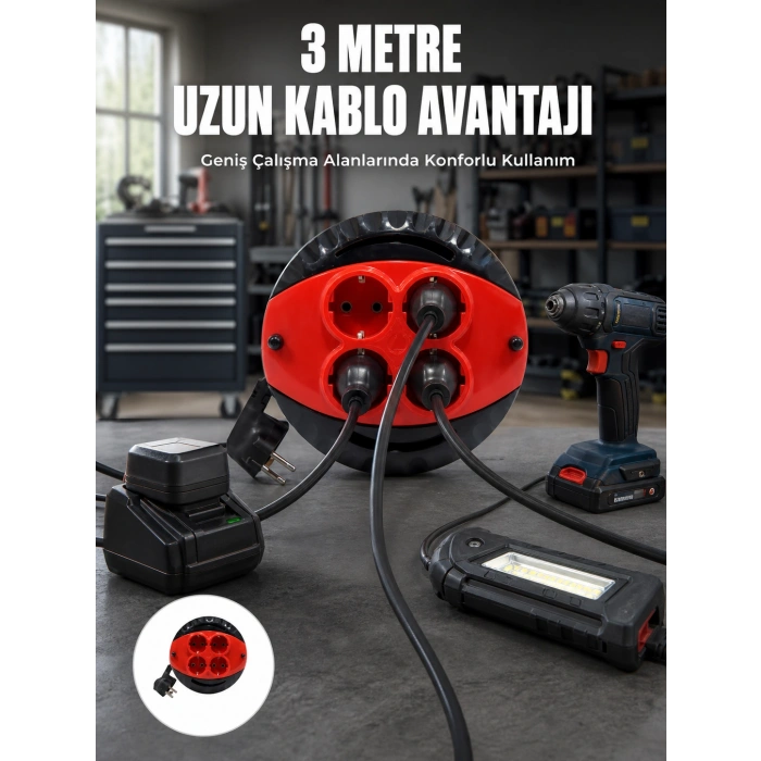 Hubrendy Tekno 3 Metre Kablolu 4’lü Kırmızı Priz Makara