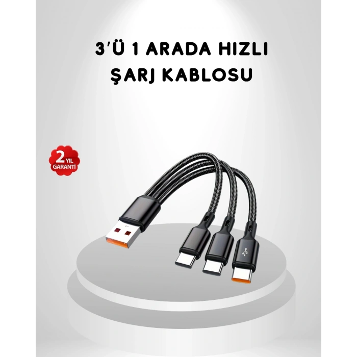 Hubrendy Tekno 3’ü 1 Arada Hızlı Şarj Kablosu iOS Android Type-C Uyumlu ve Dayanıklı