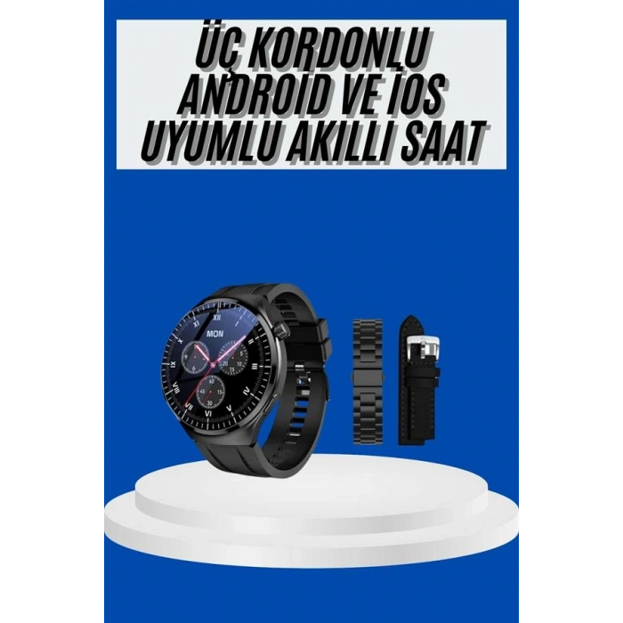 Hubrendy Tekno Amoled Ekran Akıllı Saat Üç Kordonlu İOS Android Uyumlu