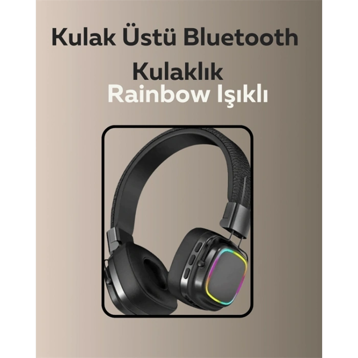 Hubrendy Tekno Bluetooth 5.3 Rainbow Işıklı Kulak Üstü Kablosuz Kulaklık