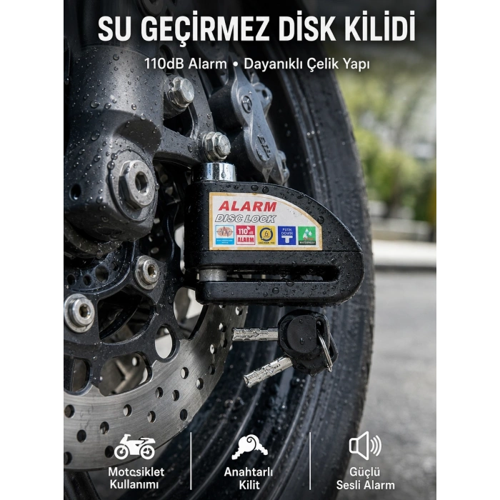 Hubrendy Tekno Suya Dayanıklı 110dB Alarmlı Çelik Disk Kilidi Yeni Nesil