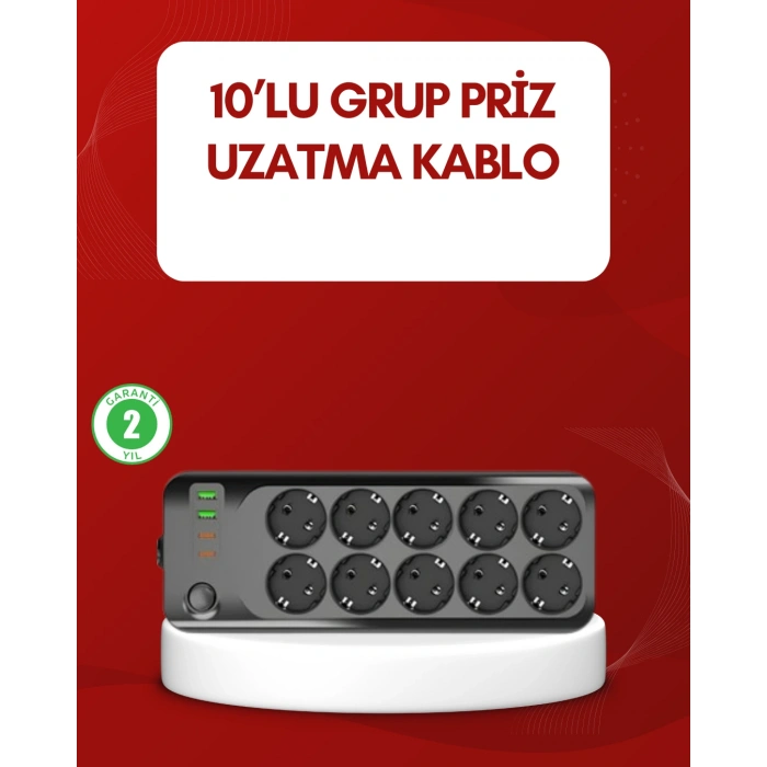 Hubrendy Tekno USB Type-C Destekli 10’lu Grup Priz Termal Korumalı 2m Kablo 2500W