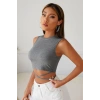 Hubrendy Beru Kadın Gri Çapraz Bağlamalı Crop Top Büstiyer