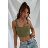 Hubrendy Beru Kadın Haki Yeşili Kalın Askılı Crop Top Büstiyer