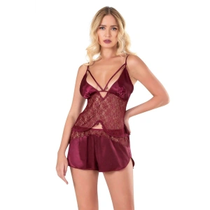 Hubrendy Beru Bordo Saten Babydoll Şort Takımı
