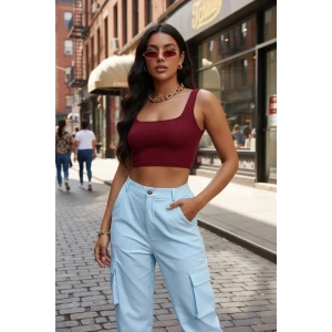 Hubrendy Beru Kadın Bordo Kalın Askılı Crop Top Büstiyer Esnek Kumaş Şık Basic Kadın Üst Giyim