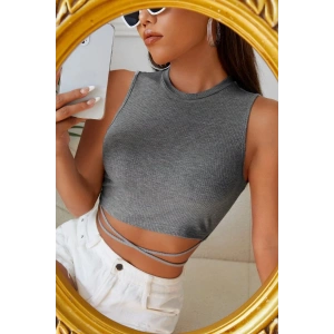 Hubrendy Beru Kadın Gri Çapraz Bağlamalı Crop Top Büstiyer