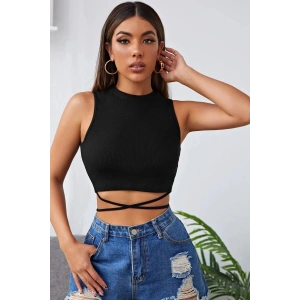 Hubrendy Beru Kadın Siyah Çapraz Bağlamalı Crop Top Büstiyer