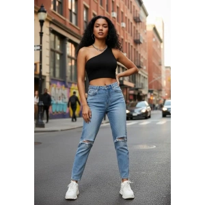 Hubrendy Beru Kadın Siyah Fit Görünümlü Tek Omuz Crop Top Büstiyer