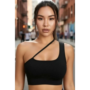 Hubrendy Beru Kadın Siyah Modern Fit Tek Omuzlu Çapraz Askılı Crop Top Büstiyer