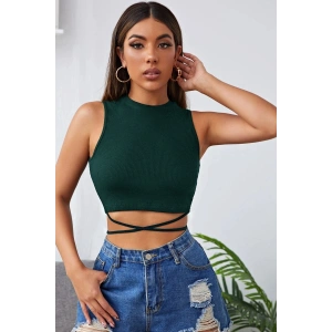 Hubrendy Beru Kadın Yeşil Çapraz Bağlamalı Crop Top Büstiyer