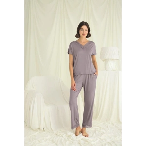 Hubrendy Beru Kısa Kollu V Yakalı Dantelli Pijama Takımı