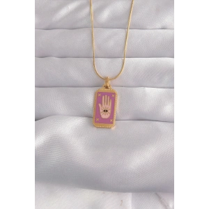 Hubrendy Bez 316L Çelik Gold Renk Mor Mineli El Figür Tarot Kolye