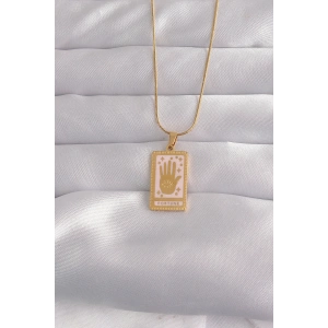 Hubrendy Bez 316L Çelik Gold Renk Pembe Mineli El Figür Tarot Kolye