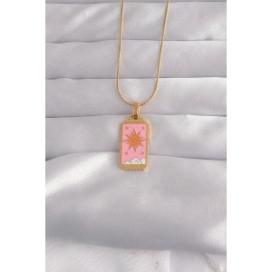 Hubrendy Bez 316L Çelik Gold Renk Pembe Mineli Güneş Model Tarot Kolye