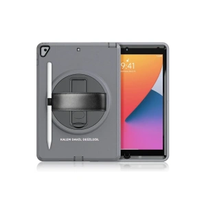 Hubrendy Bez Apple iPad 10.2 (7.nesil) Kılıf Hand Strap Tablet Kılıfı - Gri