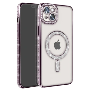Hubrendy Bez Apple iPhone 14 Kılıf Joke Simli Magneticsafe Kılıf - Pembe