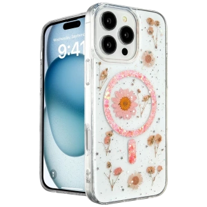 Hubrendy Bez Apple iPhone 16 Pro Max Kılıf Daisy Simli Magsafe Kapak - Pembe