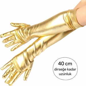 Hubrendy ÇER Altın Renk Dirsek Altı Lüks Saten Eldiven 40 Cm