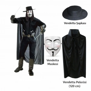Hubrendy ÇER Vendetta Kostüm Seti – Şapka Maske Pelerin (120 Cm)