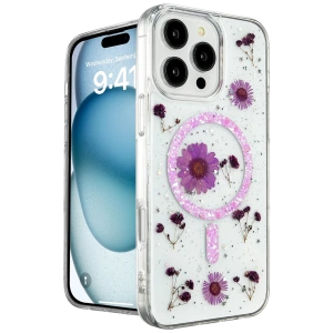 Hubrendy Bez Apple iPhone 16 Pro Kılıf Daisy Simli Magsafe Kapak - Mor