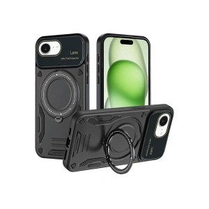 Hubrendy Bez Apple iPhone 16E Kılıf Joy Lens Standlı Kapak - Siyah