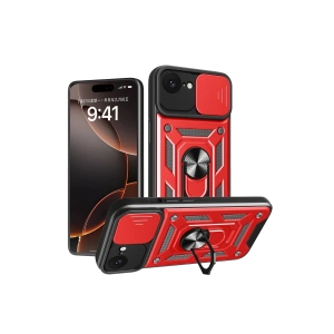 Hubrendy Bez Apple iPhone 16E Kılıf Pars Lens Yüzüklü Silikon - Kırmızı