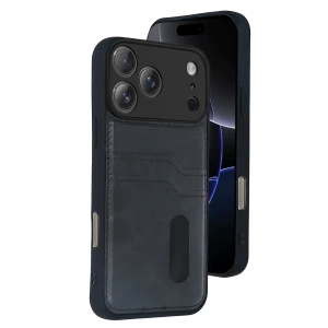 Hubrendy Bez Apple iPhone 17 Pro Sara Kartvizitli Deri Kılıf - Siyah