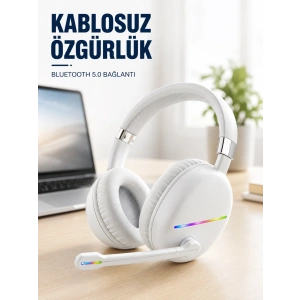 Hubrendy Kargo Kablosuz Bluetooth Mikrofonlu Beyaz Kulaklık  Rgb Işıklı