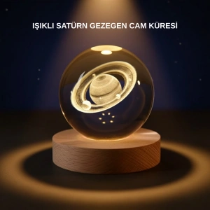 Hubrendy Kargo Satürn Desenli Kristal Küre Led Gece Lambası Ahşap Standlı