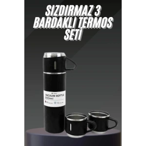 Hubrendy Kargo Termos Seti Paslanmaz Çelik 3 Bardaklı Vakumlu Termos Set 500 Ml 12 Saate Kadar Isı Koruma
