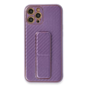 Hubrendy SH Newface Apple İphone 12 Pro Kılıf Coco Karbon Standlı Kapak - Mor