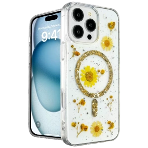 Hubrendy SH Newface Apple İphone 16 Pro Kılıf Daisy Simli Magsafe Kapak - Gold