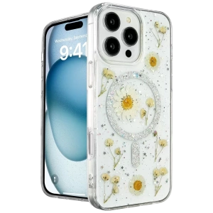 Hubrendy SH Newface Apple İphone 16 Pro Kılıf Daisy Simli Magsafe Kapak - Gümüş