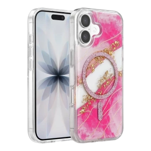 Hubrendy SH Onegif Apple İphone 17 Lotus Simli Magsafe Kapak - Pembe